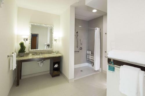 林伍德西雅图/林恩伍德希尔顿惠庭套房酒店的一间带水槽、淋浴和镜子的浴室