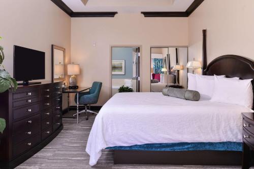 杰克逊维尔杰克逊维尔市区南岸希尔顿花园酒店的一间卧室配有一张大床和电视
