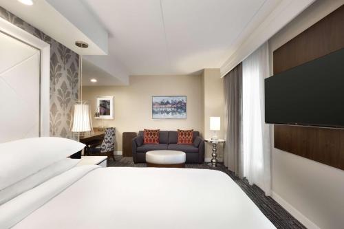 德卢斯亚特兰大东北格威内特舒格洛夫希尔顿合博套房酒店的酒店客房,配有床和沙发