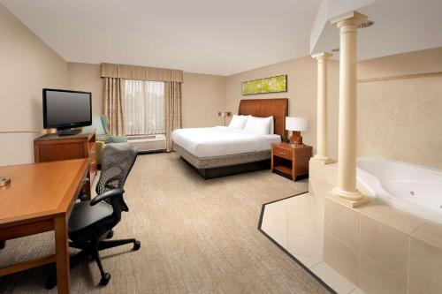 利西亚斯普林斯亚特兰大西/利西亚斯普林斯希尔顿花园酒店的酒店客房配有一张床、一张书桌和一个浴缸。