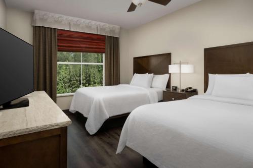 胡佛Embassy Suites by Hilton Birmingham Hoover的酒店客房设有两张床和窗户。