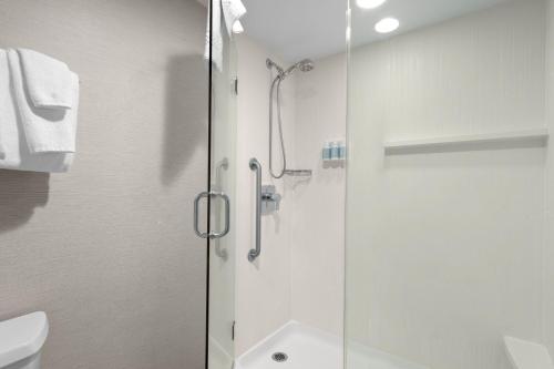 博伊西博伊西市中心万怡酒店的浴室设有玻璃淋浴间和卫生间