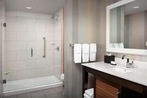 诺克斯维尔Embassy Suites by Hilton Knoxville West的带淋浴卫生间和盥洗盆的浴室