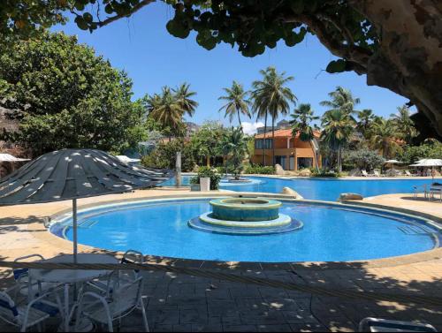 TucacasCasa en Caribbean con Wifi的一个带喷泉和遮阳伞的大型游泳池