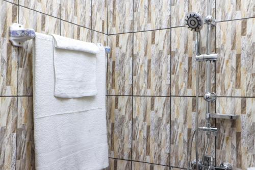 雅温得Hôtel The Place的一间带淋浴的浴室,墙上配有毛巾