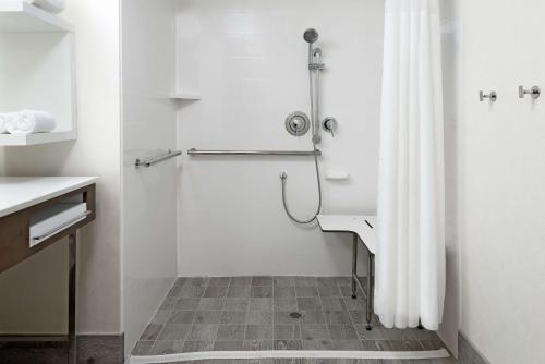 亚特兰大Hampton Inn & Suites Atlanta Buckhead Place的白色的浴室设有水槽和淋浴。