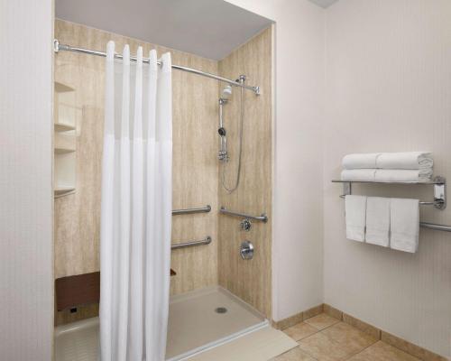 塔尔萨塔尔萨南部比克斯比汉普顿套房酒店的带淋浴和浴帘的浴室