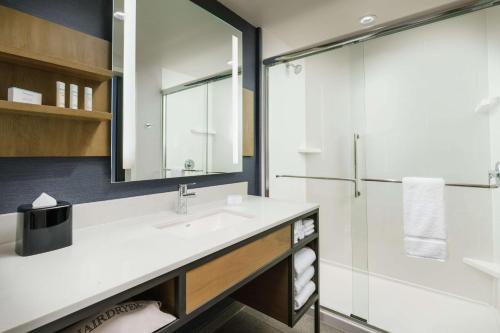 森尼维耳市Hilton Garden Inn Sunnyvale的一间带水槽和淋浴的浴室
