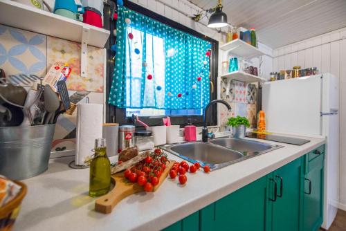 卡特兹奥布萨维Boho House 1 in camp Terme Catez的厨房柜台设有水槽,上面有水果和蔬菜