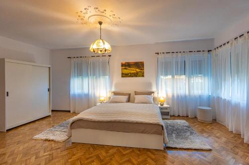 锡吉什瓦拉Casuta cu View的一间卧室配有一张大床和一个吊灯。