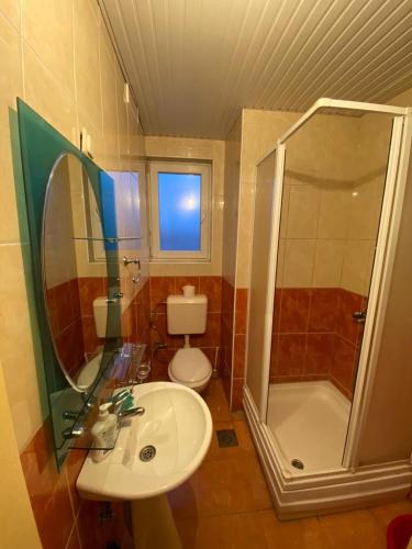斯特鲁加Zekir - Zimmer - Rooms - Struga - Boulevard的一间带水槽、淋浴和卫生间的浴室