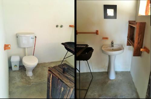伊尼扬巴内Barra Dica - CAMPING的浴室的两张照片,配有卫生间和水槽