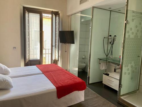 阿尔卡拉德荷那利斯伊万尼亚阿尔卡拉精品酒店的一间带一张床的卧室和一间带镜子的浴室