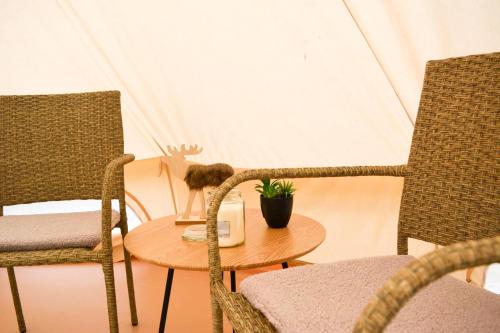 OdensjöGlamping Bolmen, Seaview, free canoe的一间带椅子和桌子的房间以及帐篷