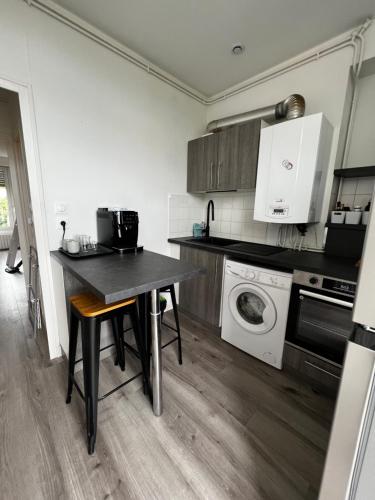 索恩河畔沙隆Appartement Gare的厨房配有桌子和洗衣机。