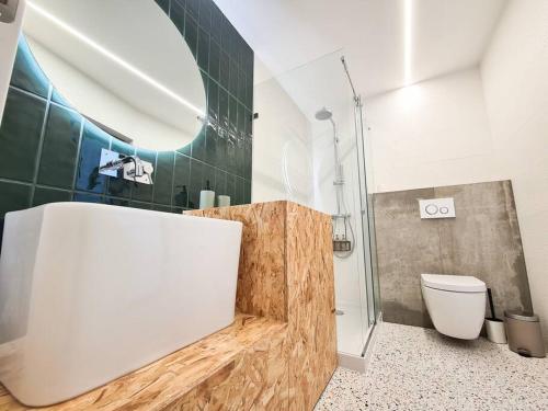 菲盖拉-达福什green guest house. Figueira da Foz的一间带卫生间和玻璃淋浴间的浴室