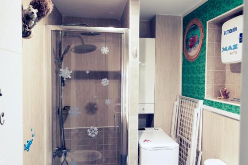 塞拉内华达Apartamento Erase Una Vez En Sierra Nevada的带淋浴、卫生间和盥洗盆的浴室