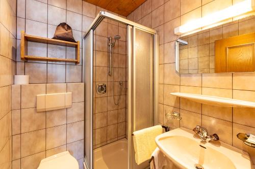 卡尔蒂奇Panorama Hotel CIS - bed and breakfast的带淋浴、盥洗盆和卫生间的浴室