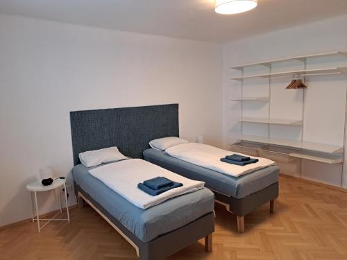 Flataid Apartments Gössendorf/Magna的一间带两张床的卧室和一个架子