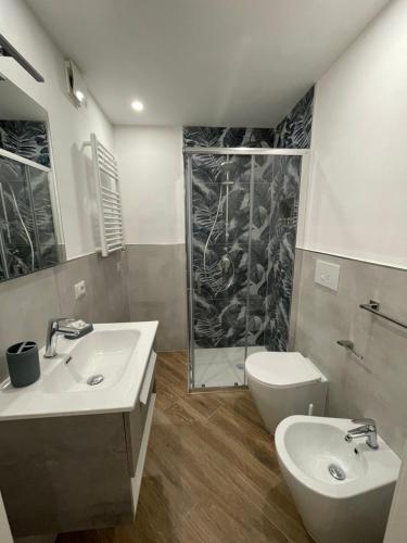卡尔塔尼塞塔Maiolica Apartment的一间带水槽、卫生间和淋浴的浴室