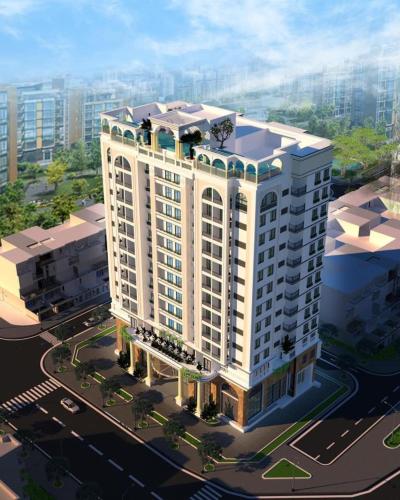 Thôn Dương PhẩmCăn hộ khách sạn Minh Linh Huế的城市中一座大建筑的 ⁇ 染