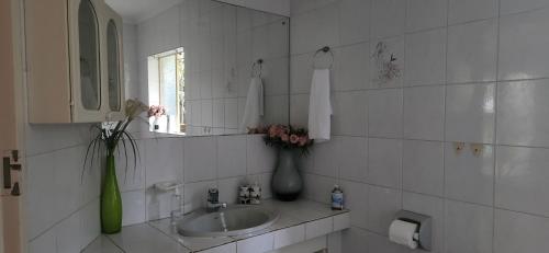 肯普顿帕克Bozi Abode的白色瓷砖浴室设有水槽和镜子