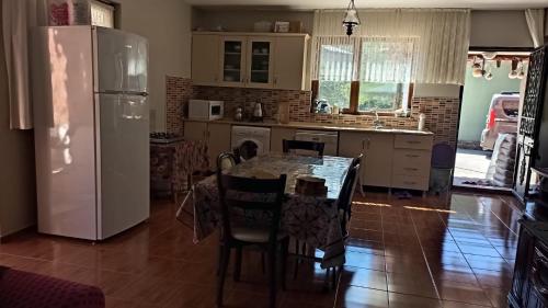 特拉布宗Ayten's Sweet House的厨房配有桌椅和冰箱。