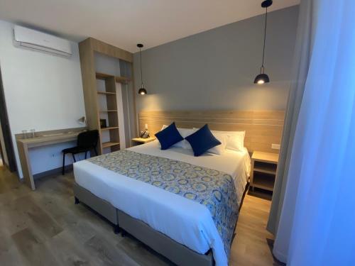 麦德林EcoHub Hotel Medellin的配有一张床和一张书桌的酒店客房