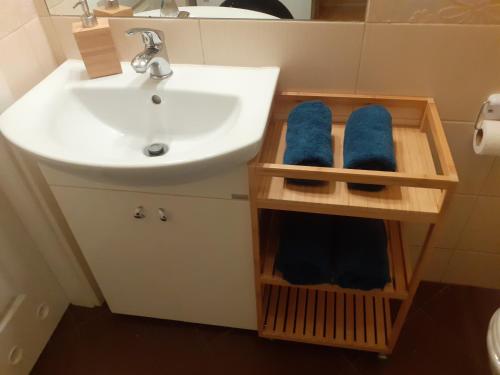 威赫罗伏Słoneczny apartament z małym ogródkiem的浴室配有水槽、卫生间和蓝色毛巾。