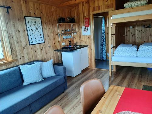 霍芬Lambhus Glacier View Cabins的客厅配有沙发和1张床