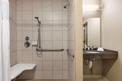 阿什本杜勒斯北希尔顿花园旅馆的带淋浴和盥洗盆的浴室