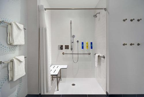 特洛伊Tru By Hilton Troy Detroit, Mi的带淋浴和盥洗盆的白色浴室