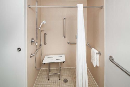 利伯蒂堪萨斯城利伯蒂希尔顿恒庭酒店的带淋浴的浴室,配有凳子