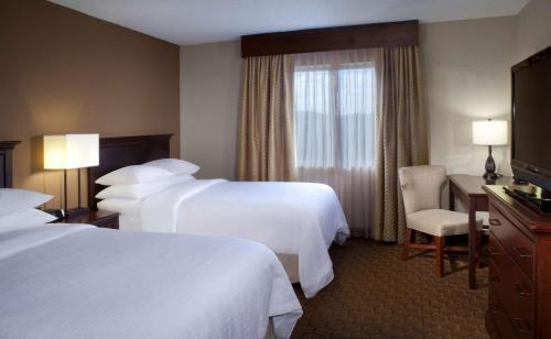 奥斯汀Embassy Suites by Hilton Austin Arboretum的酒店客房设有两张床和窗户。