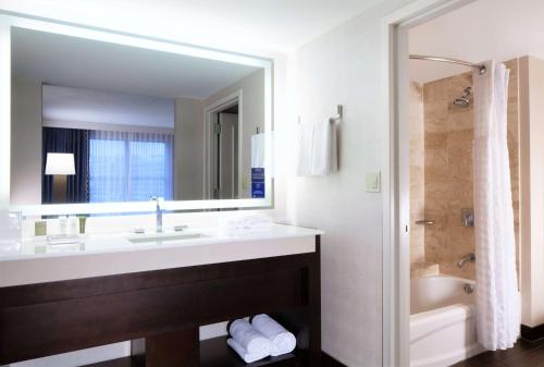 亚历山德里亚希尔顿亚历山大古城酒店的一间带水槽、浴缸和镜子的浴室