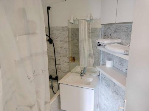 圣吉欧梅斯Appartement vintage的白色的浴室设有水槽和淋浴。