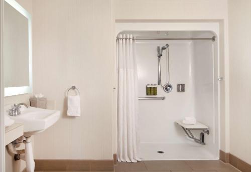 圣克鲁兹Hilton Santa Cruz Scotts Valley的带淋浴和盥洗盆的白色浴室