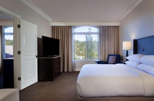 圣克鲁兹Hilton Santa Cruz Scotts Valley的酒店客房设有一张大床和一台电视。
