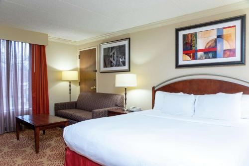 大急流城DoubleTree by Hilton Hotel Grand Rapids Airport的酒店客房带一张大床和一把椅子