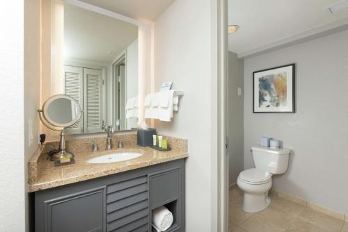 墨尔本墨尔本海滨希尔顿酒店的一间带水槽、卫生间和镜子的浴室