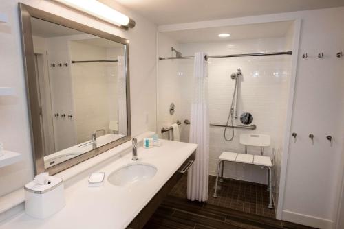奥尔巴尼纽约奥尔巴尼 - 西大街/大学区汉普顿酒店的白色的浴室设有水槽和淋浴。