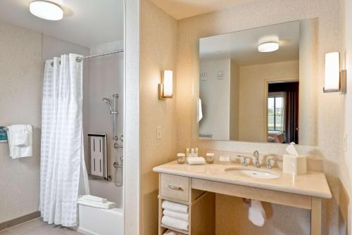 安纳海姆阿纳海姆CTR迪士尼乐园正门希尔顿惠庭套房酒店的一间带水槽、镜子和淋浴的浴室
