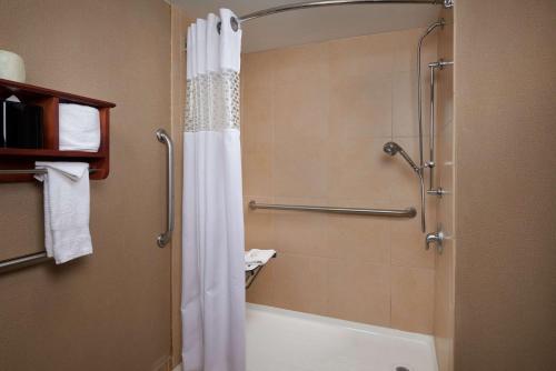 安娜堡安阿伯市南区汉普顿酒店的带淋浴和浴帘的浴室