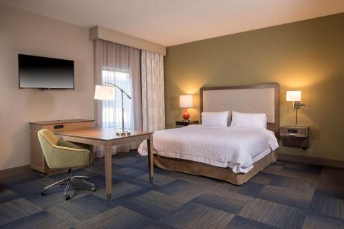 阿什维尔北卡罗来纳州阿什维尔比尔特摩村希尔顿欢朋酒店的酒店客房配有一张床、一张书桌和一台电视。