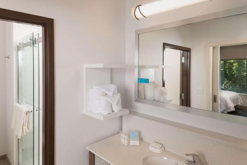 阿什维尔北卡罗来纳州阿什维尔比尔特摩村希尔顿欢朋酒店的一间带水槽和镜子的浴室