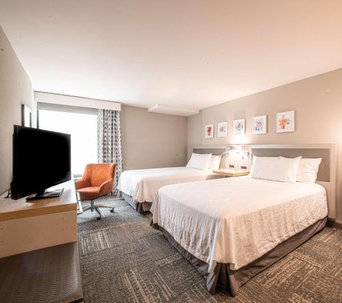 阿什维尔Hilton Garden Inn Asheville South的酒店客房设有两张床和一台平面电视。