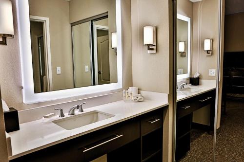 阿什维尔阿什维尔希尔顿惠庭套房酒店的一间带两个盥洗盆和大镜子的浴室