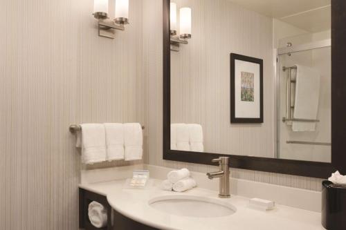 波士顿波士顿洛根机场希尔顿花园酒店的浴室配有盥洗盆、镜子和毛巾