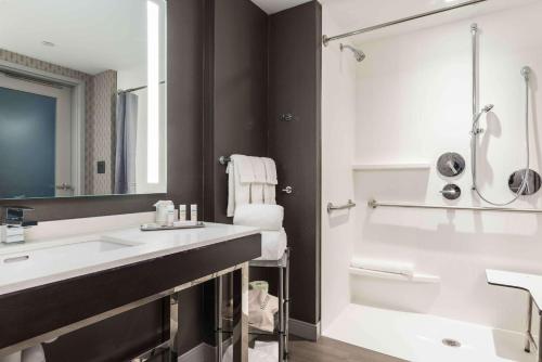 福克斯伯勒福克斯堡爱国者广场希尔顿花园酒店的浴室配有白色水槽和淋浴。