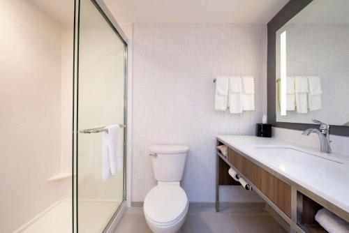 哥伦比亚Hilton Garden Inn Columbia Downtown的浴室配有卫生间、盥洗盆和淋浴。